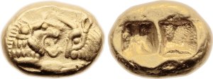 A Lydian coin... notice that the reverse is just a hollow blank.
